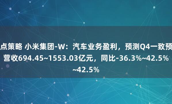 牛点策略 小米集团-W：汽车业务盈利，预测Q4一致预期营收694.45~1553.03亿元，同比-36.3%~42.5%